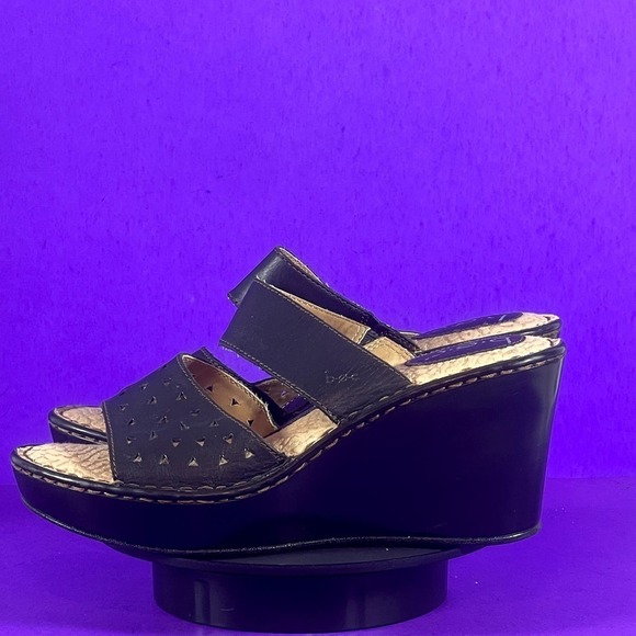 Born Concept Black Leather Double Strap Wedge Sandals Women's Shoe Size 10 - Picture 3 of 8